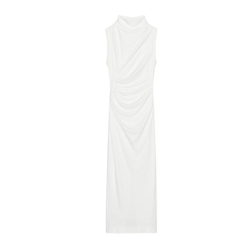 Spring New Women Clothes Vest Dress Long Knitted Pleat Decorative Stand Collar Sleeveless Dress 4772345