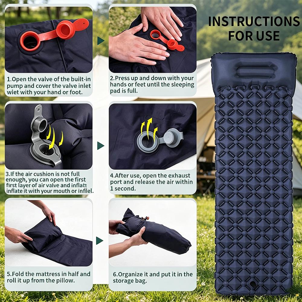 Foot Press Self Inflatable Camping Sleeping Pad with Built-in Pillow, Portable Outdoor Tent Air Mattress for Camping Hiking