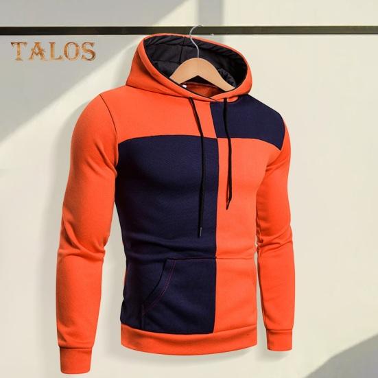 Men Fall Winter Hoodie Colorblock Drawstring Long Sleeves Big Pocket Hooded Retro Thin Loose School Daily Wear Casual Sport Top