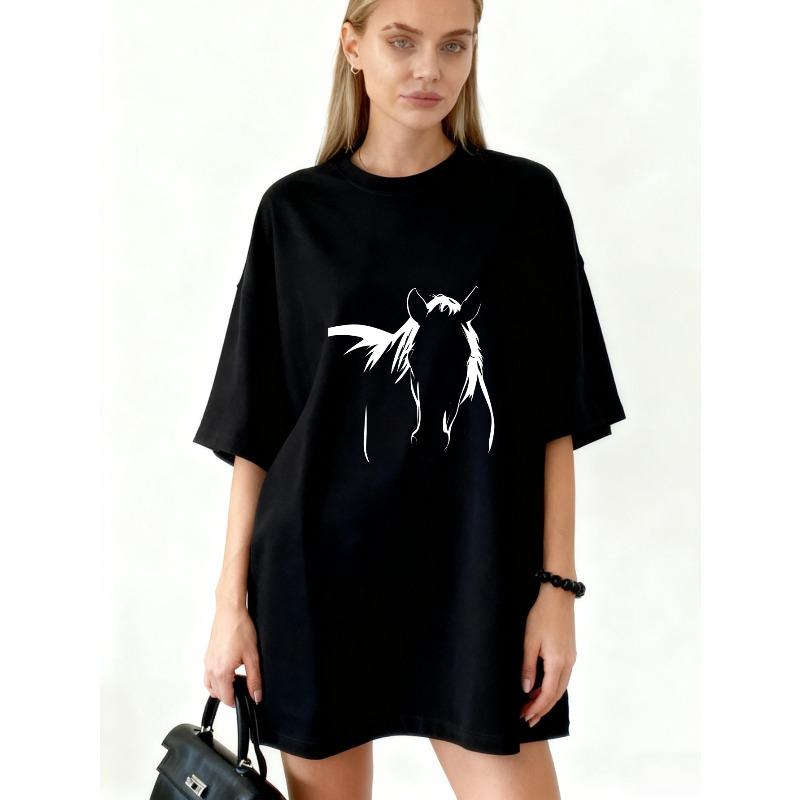 

Oversized T Shirt Dress Black Horse Print Graphic Casual Wear For Women XXXXL чорний
