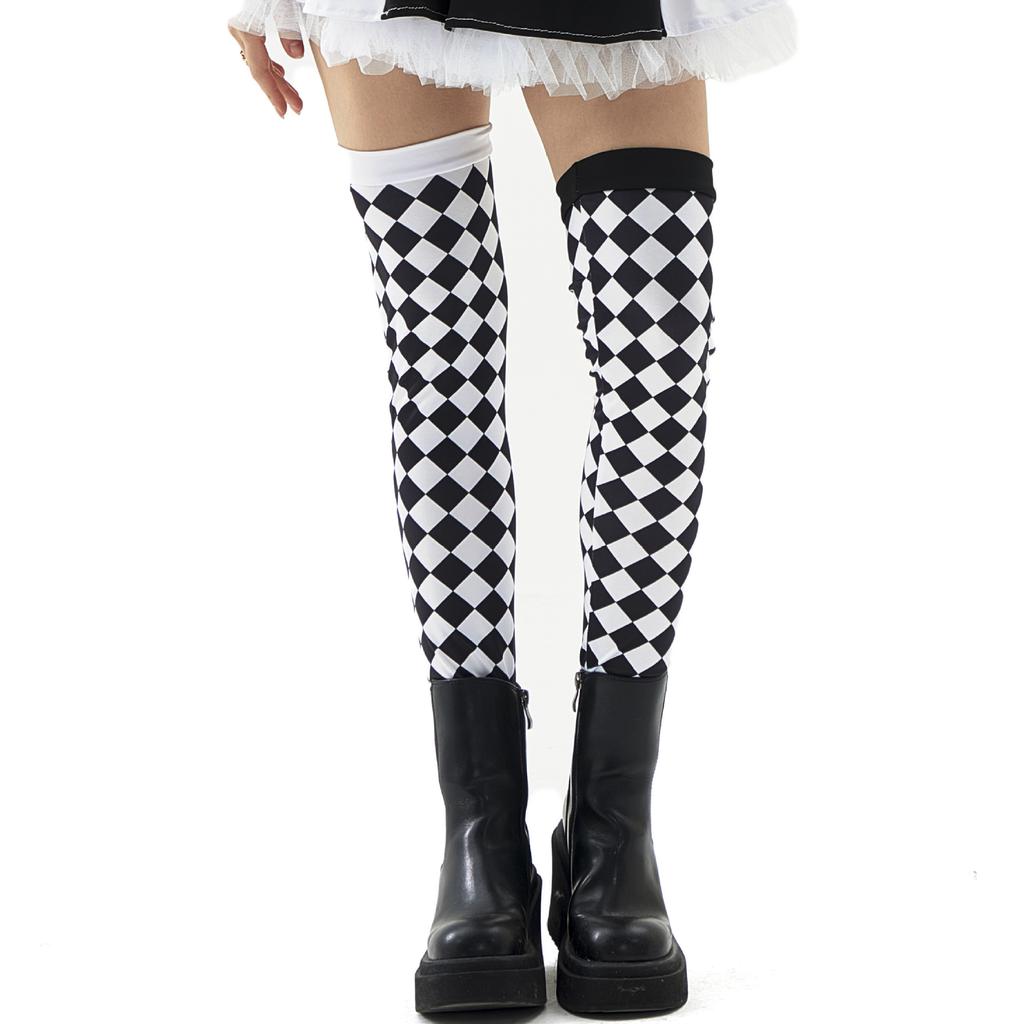 S-XL Cruella De Vil Black White Plaid Witch Queen Halloween Circus Party Costume