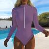 Women Long Sleeve One Piece Swimsuit Zip Front  Solid Color Print Rash Guard Surfing Bathing Suit