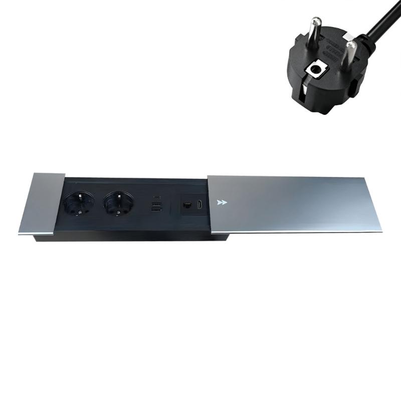 Slide Cover Single Pull Embedded Outlet 220V Standard Socket with 2 220V Ports and 2 USB Ports for Desk Installation