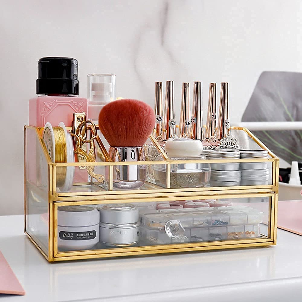 BelleLife Cosmetic Makeup Small Item Cosmetic Storage Transparent Glass and Desktop Lipstick Clear Nail Gel Makeup Brush Cute Storage, Storage,