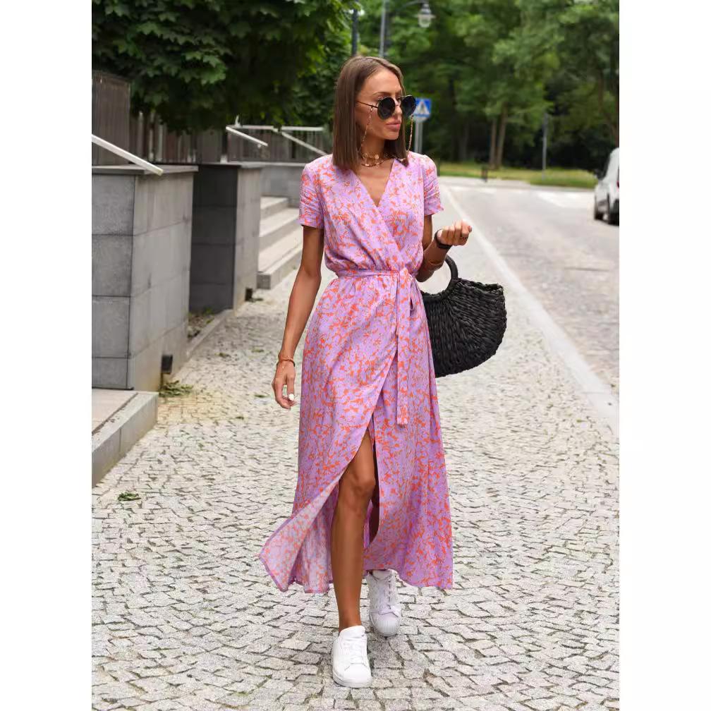Summer Floral Print Long Dresses Women Sexy V Neck Split Lace-up Dress Female Casual Elegant Short Sleeve Beach Dress Vestidos