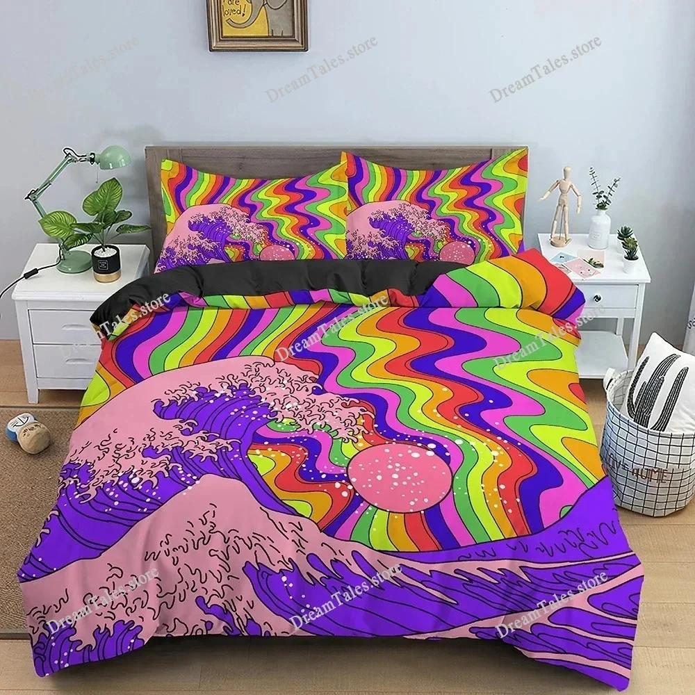 Retro Bedding Set Abstract Duvet Cover Set Waves and Sunset Pattern Comforter Cover with Pillowcase King Queen Home Textiles369
