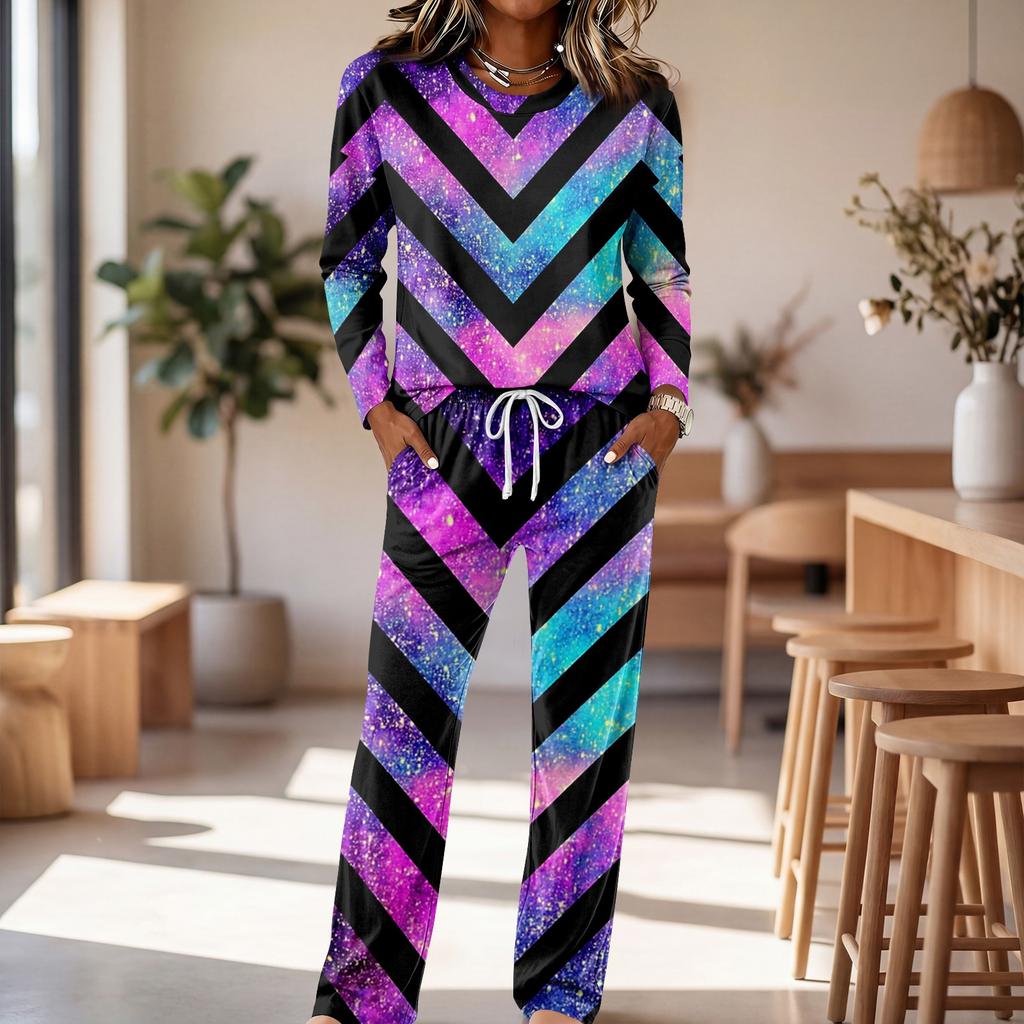 Set Pigiama Casual da Donna con Manica Lunga, Girocollo e Coulisse sui Pantaloni a Gamba Larga per Dormire e
