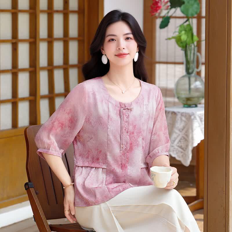 Women s New Chinese Style Tie-Dye Embroidered Chiffon Shirt XL розовый
