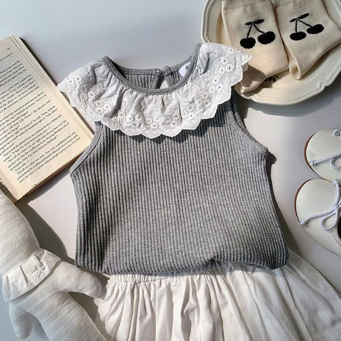 Girls Summer Sleeveless Top with Lace Collar Cute Cartoon Design Lightweight Outerwear 90