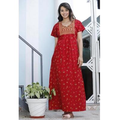 Pure Cotton Embroidery Nighty for Women, Cotton Night Gown, Night Maxi Gown, Cotton Nighty with a Pocket and Adjustable Knot