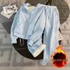 Conjunto de Sudadera Azul con Capucha y Pantalones de Pierna Ancha para Mujer: Forrado de terciopelo, Informal, para Otoño/Invierno.