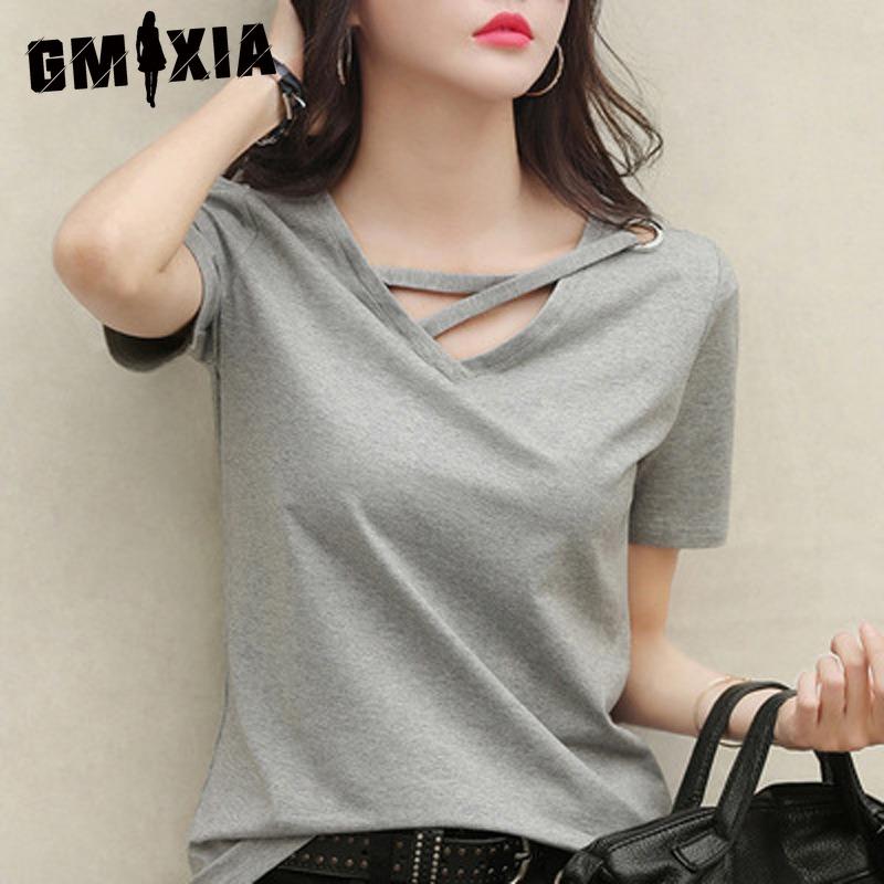 GMXIA Women's Fashion Casual Solid Color Print Short Sleeve V Neck Blouses & Shirts