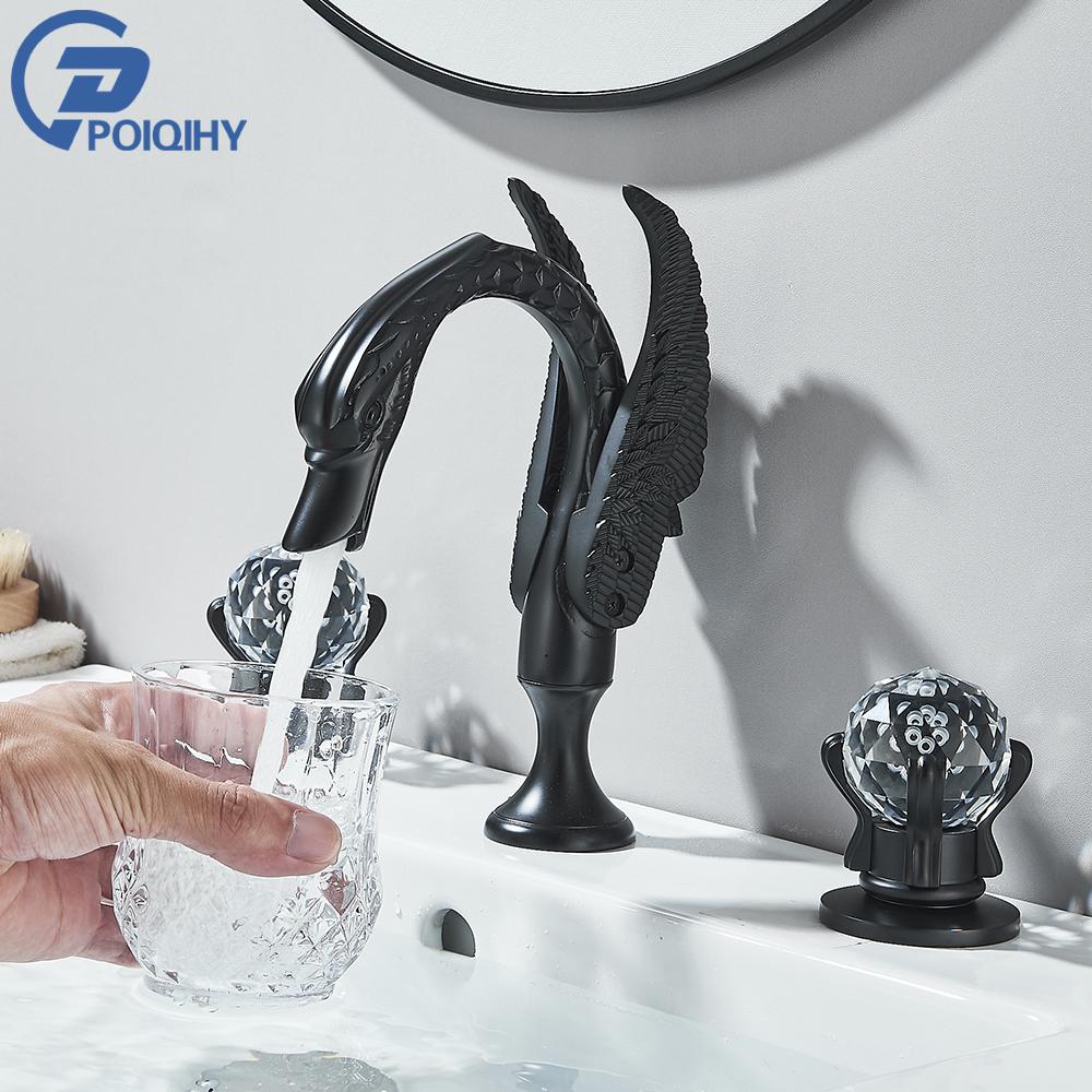 

POIQIHY Swan смеситель для раковины, монтируемый на бортике ванной комнаты, смеситель для раковины с двумя ручками, 3 отверстия, широко расставленный золотой смеситель для ванной комнаты чёрный