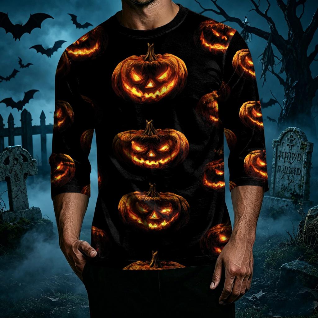 Men's Casual Halloween Print Crew Neck T Shirt Three Quarter Sleeve Top Comfortable Fit Seasonal Style