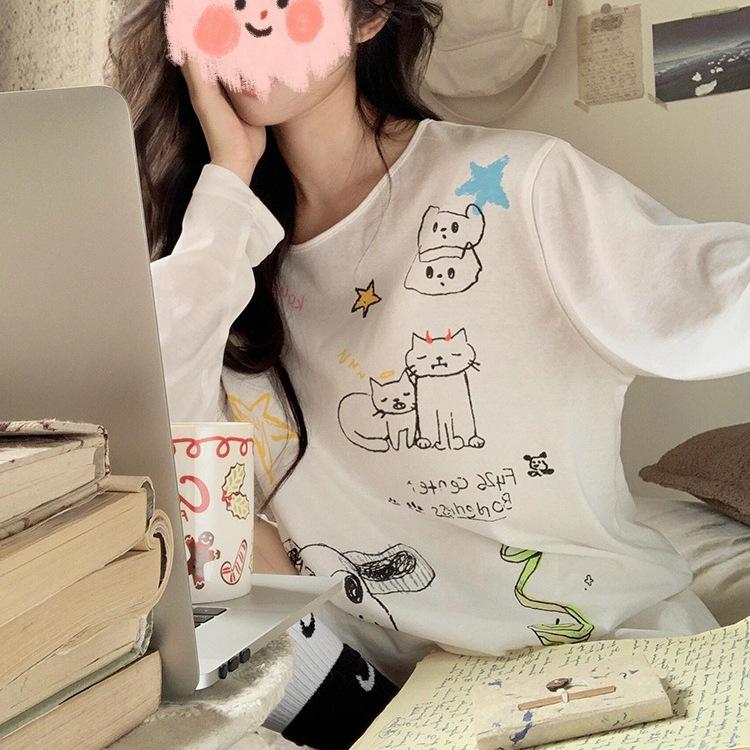 American retro hand-painted fun cartoon slightly transparent long-sleeved t-shirt women's loose college style casual versatile sunscreen top