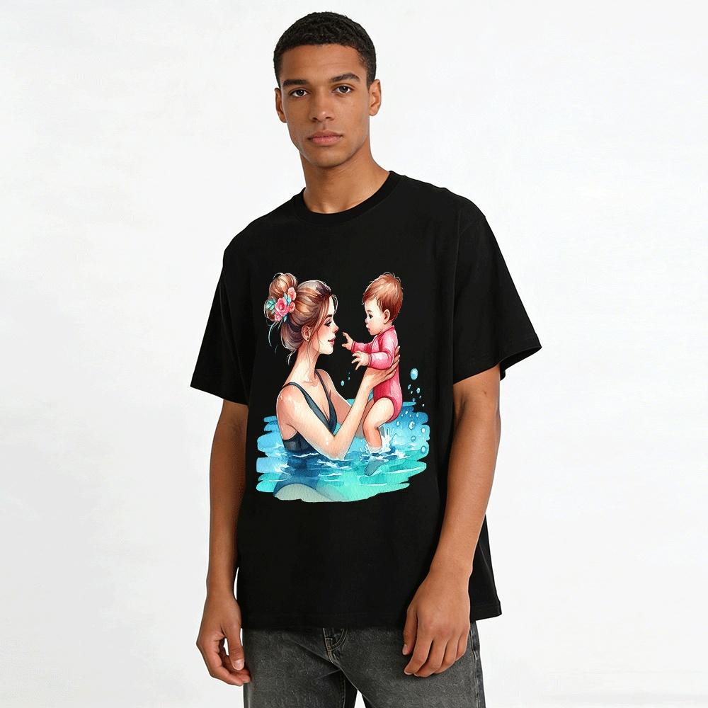 Eltern-Kind Schwimmen Warme Interaktion Bedrucktes Erwachsenen Oberteil Reines Baumwoll T-Shirt