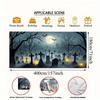 Halloween garage door banner featuring a spooky graveyard scene with bats, full moon and skull decorations