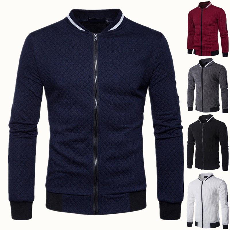 Men's Varsity Jacket Stand Collar Diamond Pattern Zipper Slim Fit