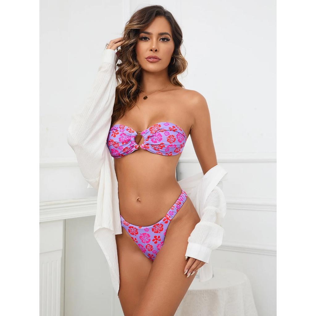 2024 Női Bikini Kétrészes Stílusos Szexi Nyári Bandeau Gyűrűs Mintás Acél Pántos Bugyi Strand Fürdőruha Új Push Up Bikini