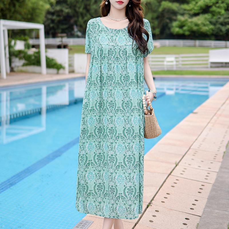 Vintage Print Loose Dresses For Women Plus Size Short Sleeve Casual Long Dress Summer Elegant Middle-aged Women's Clothing