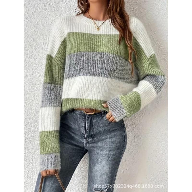 Pull Tricoté Casual Rayé Lâche Col Rond Manches Longues Style Français pour Femme