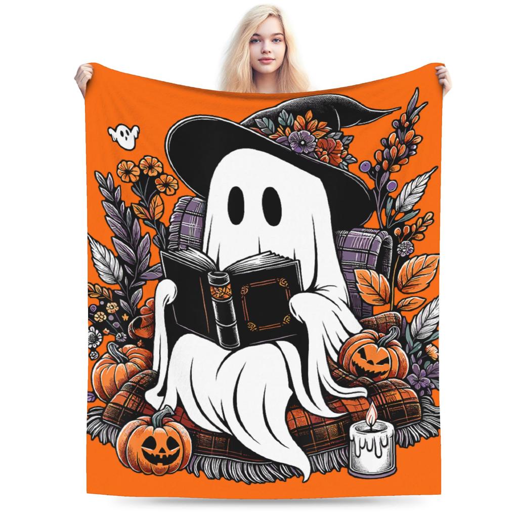 Halloween Ghost Reading Books Witch Cat Blanket Cover Fleece  Soft Throw Blankets for Bedding Couch Bed Rug