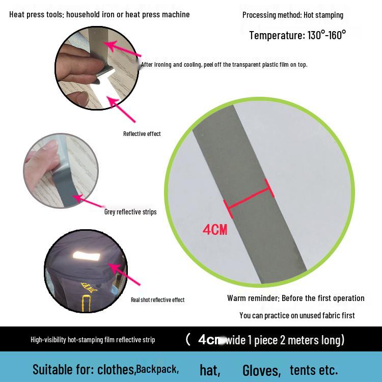 High-visibility Heat-applied Reflective Tape for Nighttime Traffic Warning, Directly Heat-pressed Onto Clothing.