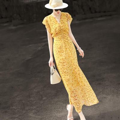 French Style Printed Pleated Chiffon V-neck Dress