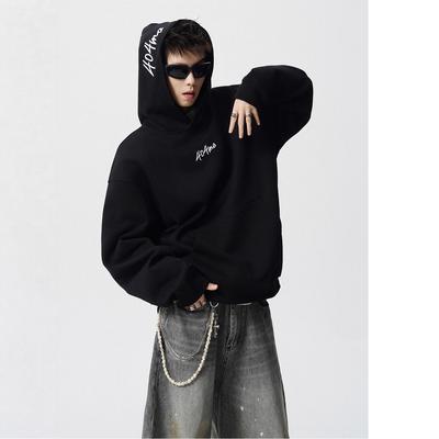 Suéter com Capuz de Veludo com Estampa de Letras Masculino Inverno High Street Casual Casais Moletons Casaco Joker Solto