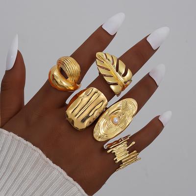 5 Pcs Fashion Exaggerated Irregular Ring Set for Women Vintage Elegant Geometric Wide Face Ring Holiday Date Casual Jewelry Gift