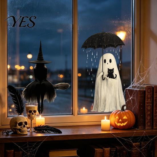 Seasonal Glass Stickers Halloween Witch/Ghost Window Clings, Removable Static Stickers, Waterproof PVC Decals, Fall Festival Ornaments Decorative for