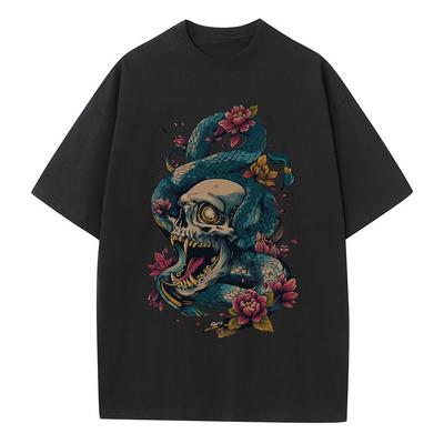 Cotton Graphic T Shirts Skull Python Illustration Printed Unisex Tops Heavyweight Drop Shoulder Oversized T Shirt Breathable