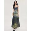 Tie-dye Suspender Dress Women Summer New Design Temperament Mesh Slim Long Skirt