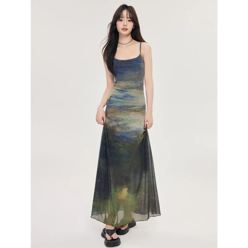 Tie-dye Suspender Dress Women Summer New Design Temperament Mesh Slim Long Skirt