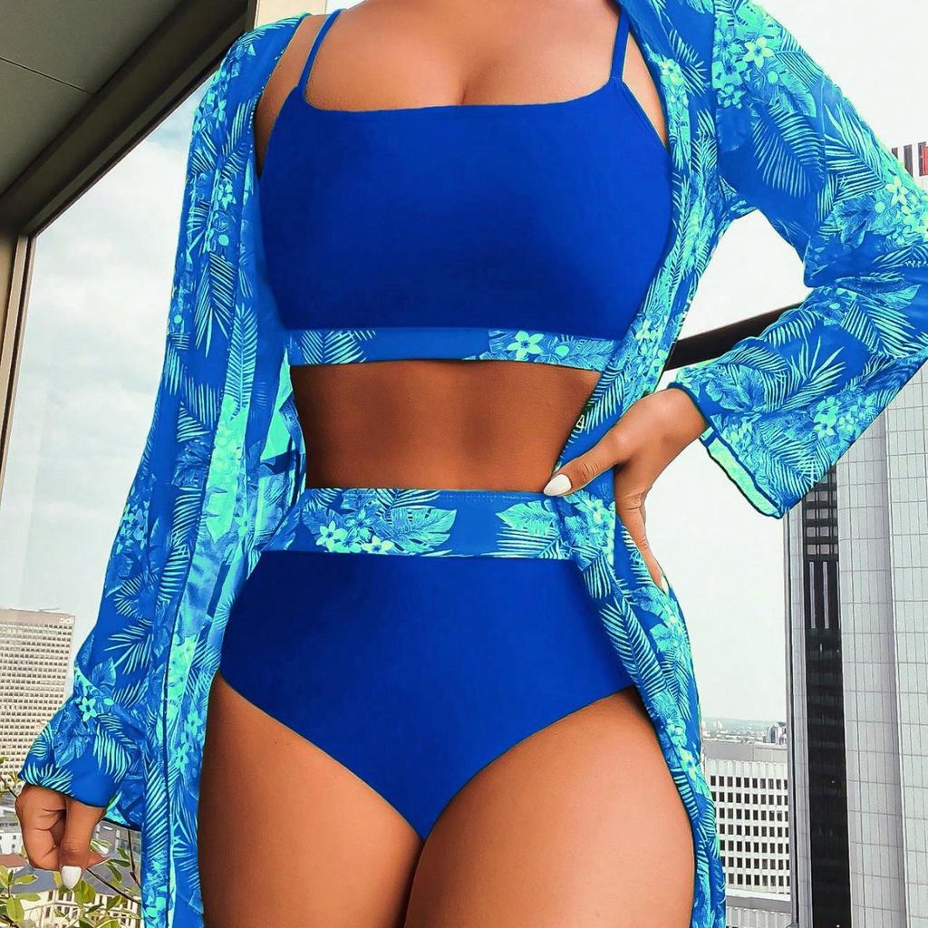 Europäisches und Amerikanisches Ahornblatt Druck Langarm Spleiß Bikini Dreiteilig Geteilter Badeanzug Damen Europäische und Amerikanische Neue Modelle