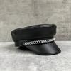 Trendy Hat Silver Chain Beret Women'S Black Pu Leather Flat Top Hat British Retro Duck Tongue Newsboy Hat
