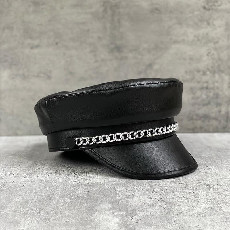 Trendy Hat Silver Chain Beret Women'S Black Pu Leather Flat Top Hat British Retro Duck Tongue Newsboy Hat