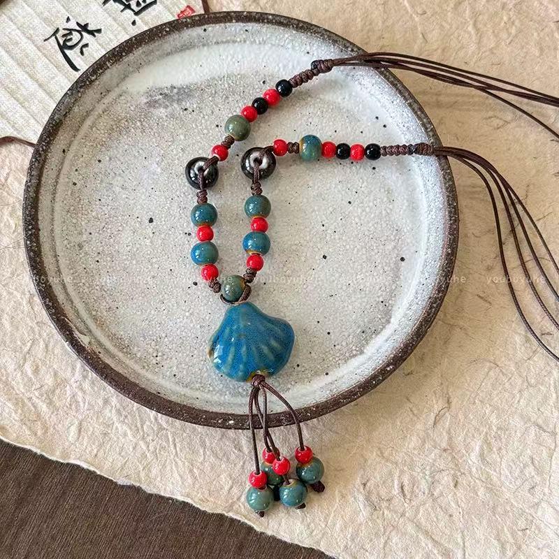 Bohemian Vintage Ethnic Necklace: Colorful Shell & Ceramic Beads On Braided Rope
