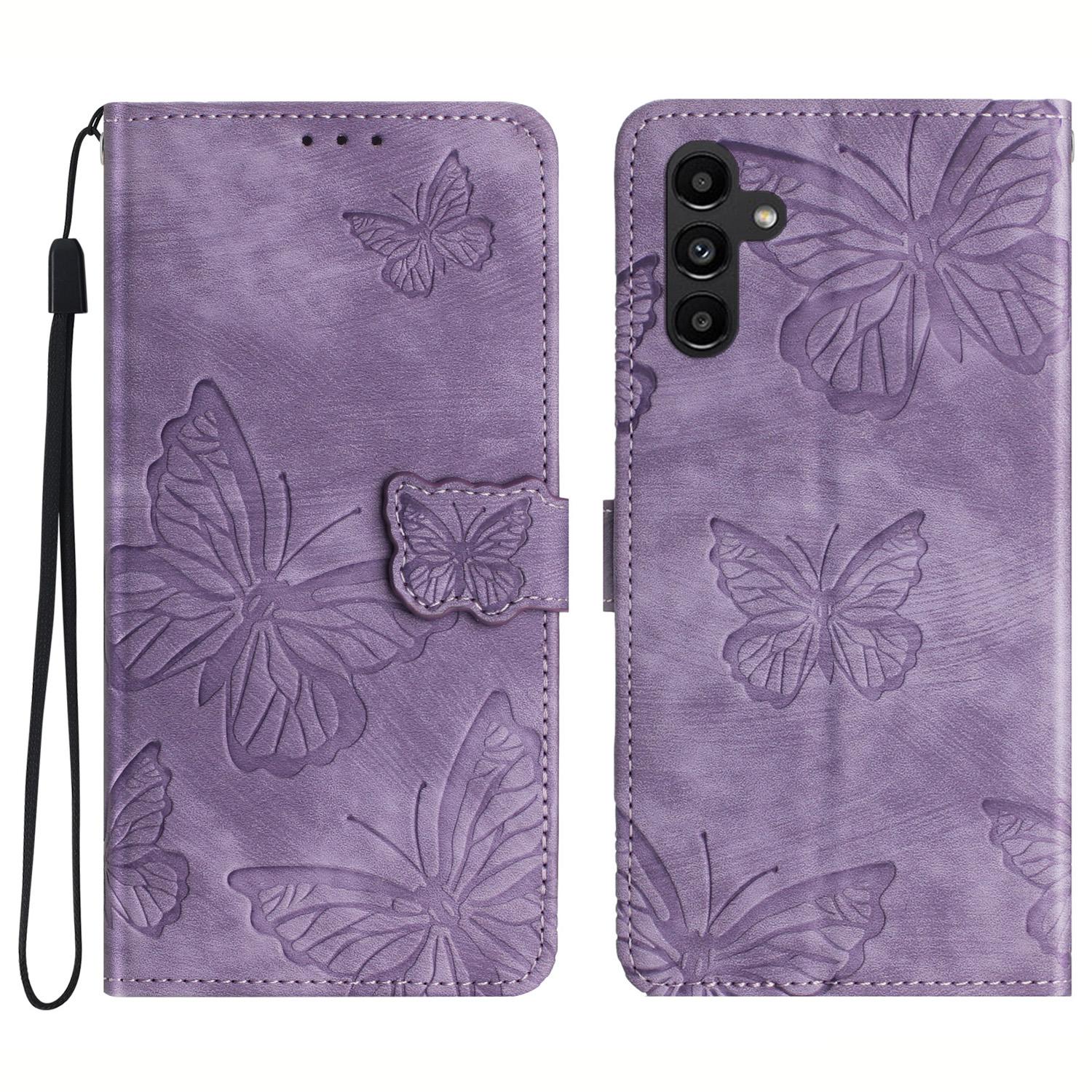 

For Samsung Galaxy A34 5G Stand Wallet Phone Cover PU Leather Skin-touch Butterfly Imprinted Case Purple