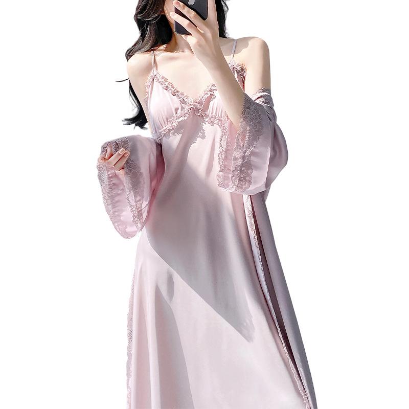 Ice silk long cross suspender nightdress summer simulation silk lace sexy loungewear women's thin outer cover suit