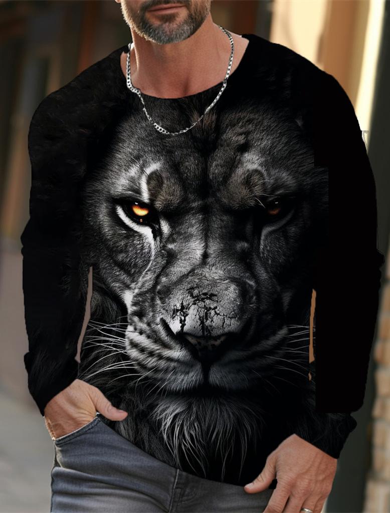 Camiseta de manga larga con estampado de león para hombre, ropa informal para hombre, camisetas de moda con estampado 3D completo de animales, ropa de calle