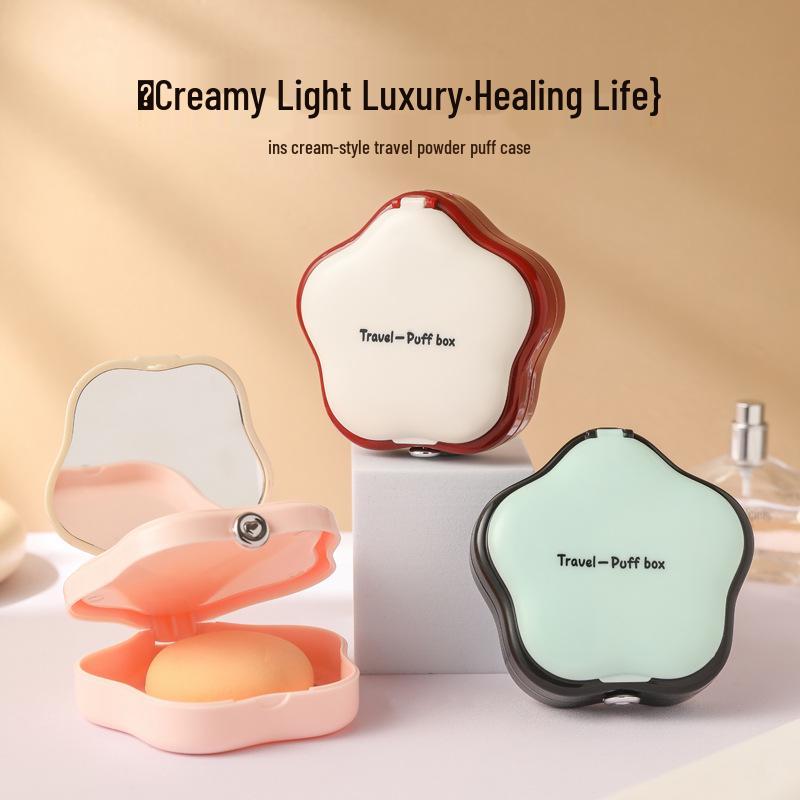 Portable Travel Makeup Powder Puff Storage Box with Mirror - Breathable & Dustproof