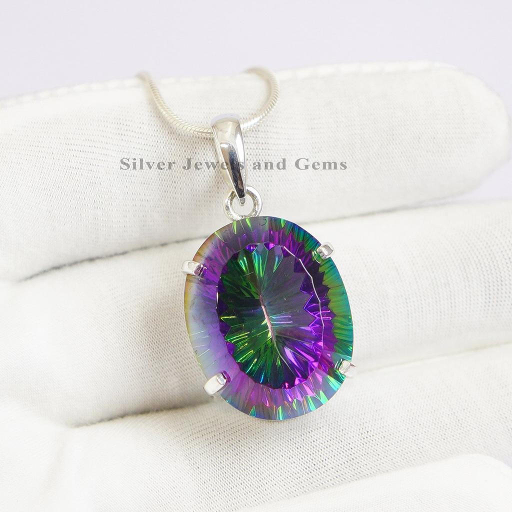Big Mystic Topaz Pendant - 925 Sterling Silver Pendant - Oval Topaz Pendant - Gift for Wife- Engagement Pendant - Handmade Pendant