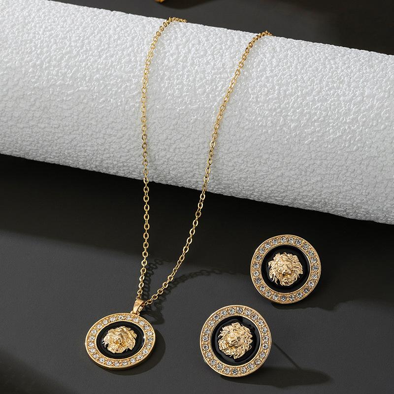 Trendy Lion Head Diamond Pendant Necklace Bracelet Stud Earrings Trendy Personality Jewelry Set