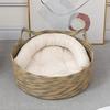 INS-Style Woven Rattan Cat Bed with Double Handles and Removable Cushion - All-Season, Breathable Nest for Cats