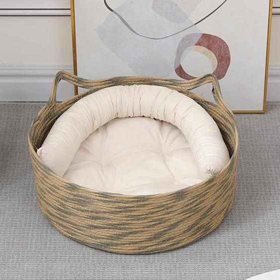 INS-Style Woven Rattan Cat Bed with Double Handles and Removable Cushion - All-Season, Breathable Nest for Cats