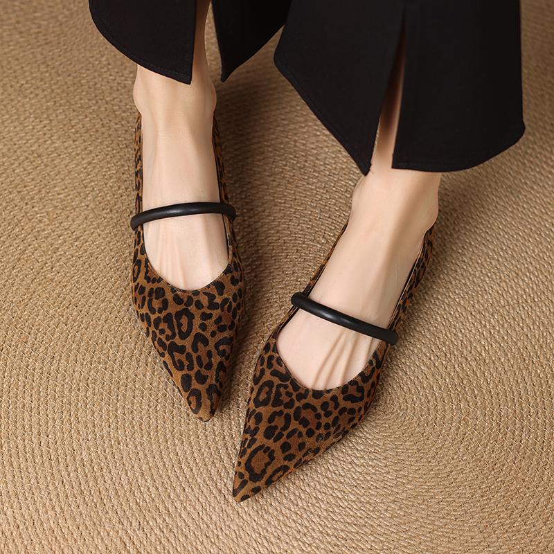 Fashion 2025 Spring Women Flats Pointed Toe Low Heel Sheep Suede Leather Women Shoes Concise Retro Leopard Print Mary Janes Ladies Shoes