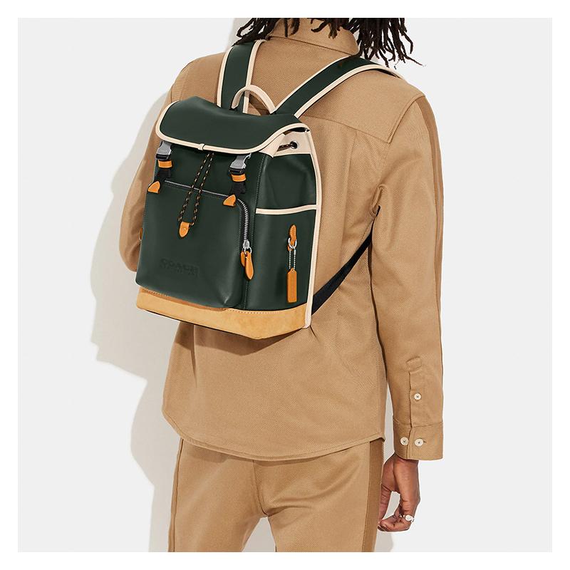 COACH League 28 drawstring and buckle closure color combination cow leather patchwork school bag backpack backpack large size women's green and beige