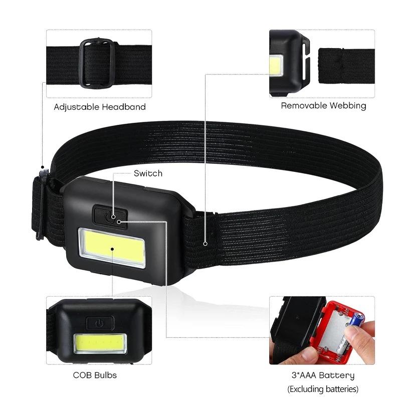 Camping LED Mini Headlights Portable COB Headlamps Waterproof Head Front Light With 3 Switch Modes LED Lights Excluding batterie