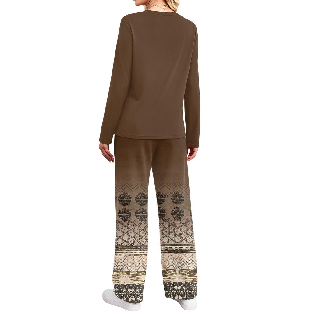 Women's Casual Printed Long Sleeve Round Neck Loose Fit Pajama Set with Pockets for Home Wear